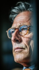 Close up portrait of a mature man with glasses, slightly sweaty, looking thoughtfully into the distance. Dark background.