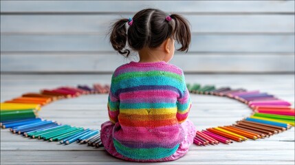 Toddler girl in rainbow sweater sits surrounded by colorful crayons on white wooden floor.