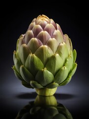Obraz premium Artichoke vegetable isolated on a dark black background with a slight blur effect