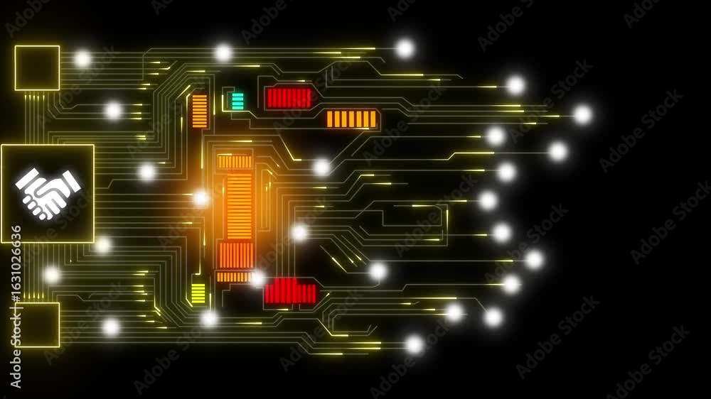 Poster digital handshake circuit board technology network connection business deal. digital handshake anima