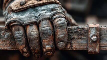 Close up of a weathered, dirty glove resting on a rustic wooden surface. The glove is predominantly brown and gray, showing signs of wear and tear.