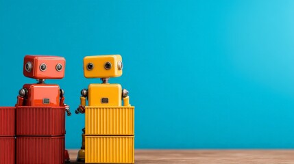 Global Trade Conflict and Economic Tensionsม Two colorful robot figurines stand beside containers against a bright blue background.