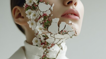 Close up of a person's face adorned with white blossoms and cracked, plaster like texture against a light background.