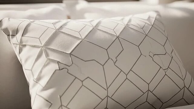 A white pillow with a geometric pattern sits on a bed