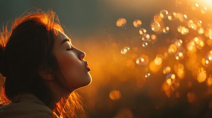 Woman blowing soap bubbles at sunset, golden hour lighting, profile view, warm tones, peaceful atmosphere