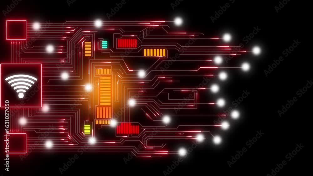 Poster abstract circuit board design red orange glow wifi technology network data stream digital. red glowi