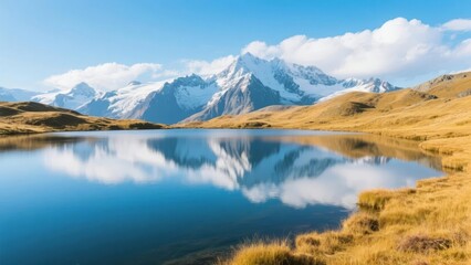 Fototapeta premium Serene Mountain Lake with Snow-Capped Peaks Reflection