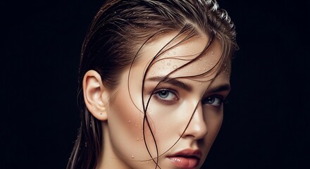 A close-up portrait of a young woman with wet, styled hair, showcasing her striking blue eyes and delicate features against a dark, moody background.