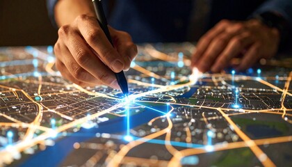 Planning Urban Expansion: Hands Navigating Illuminated City Map for Infrastructure Development and Strategic Investment with Modern Technology