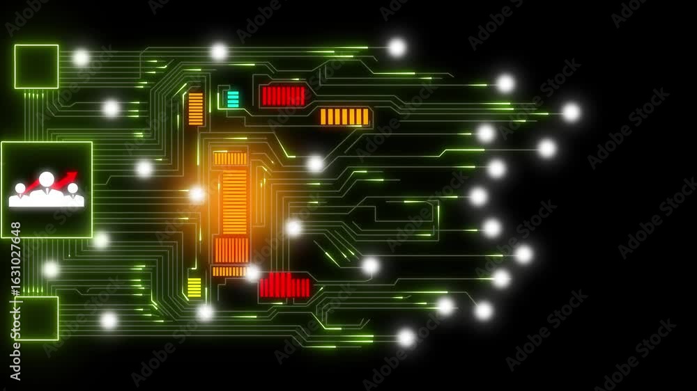 Poster futuristic circuit board animation with phone call signal and glowing data lines. network growth tea