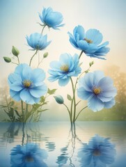 Watercolor painting of delicate blue poppy flowers floating on a serene lake
