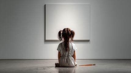 Young girl sits before a large blank canvas in a minimalist gallery setting.