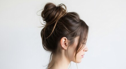 Fototapeta premium Profile of a young woman with brown hair styled in a messy bun, strands framing her face against a white background.