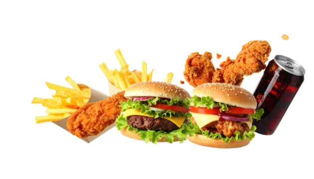 New Menu Announcement Banner Concept with Fast Food Items in mid-air on White background