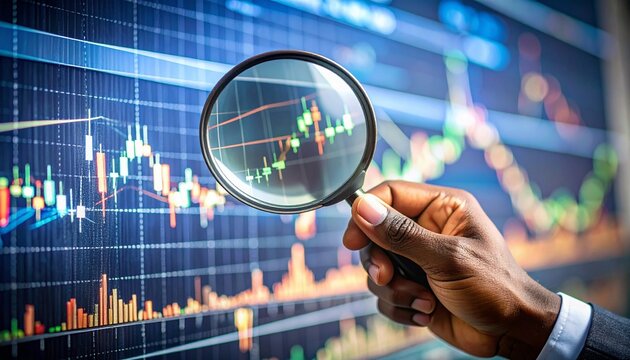 Detailed financial analysis being performed using a magnifying glass on stock market trading charts and investment data.