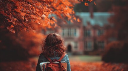 Young woman with curly hair and backpack walks past autumn leaves toward a large brick house.