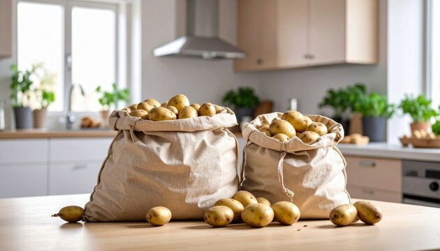 Kentang yang baru dipanen dalam karung goni di atas meja dapur kayu, diterangi cahaya alami.	