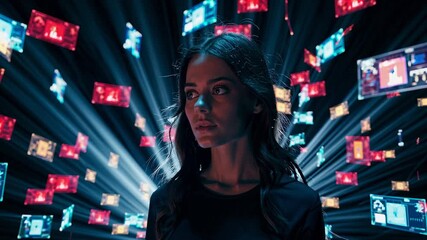 Woman surrounded by floating data screens. Use for AI, tech, data visualization, cyber security and digital marketing
 - Powered by Adobe