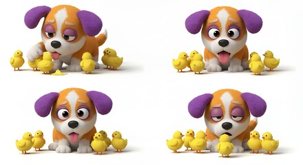 Obraz premium Cartoon dog with chicks illustration
