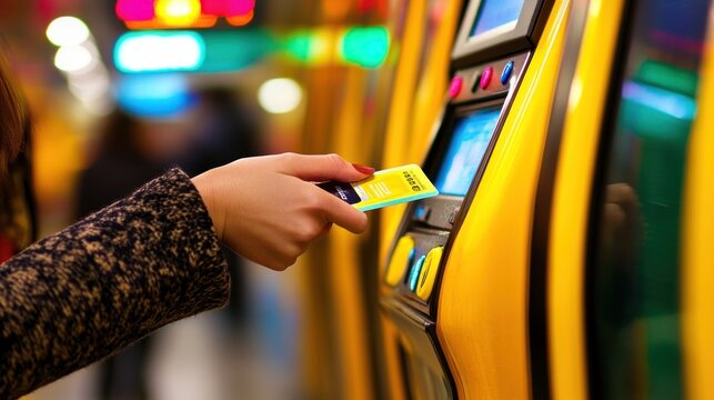 Woman Inserts Yellow Card into Brightly Lit Slot Machine, Gambling Concept - Powered by Adobe