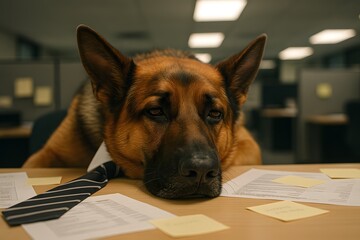 Adorable German Dog in Tie at Office Desk: Funny, Bored Canine Headshot