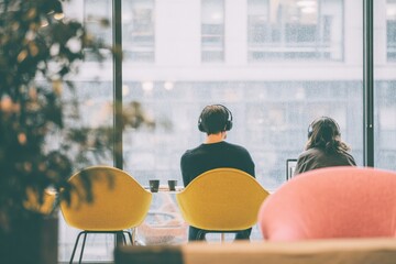 A clean modern coworking area with colorful chairs and large windows Freelancers are typing on their laptops with headphones on and coffee nearby The feeling, Generative AI