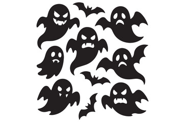Halloween Silhouette Set – Ghosts, Bats, Pumpkins, Witch Hat and Broomstick Vector Illustration, Halloween vector, eps, halloween icon