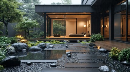 Sleek Modern Home and Lush Zen Garden in Gentle Rain, Warm Interior Lights
