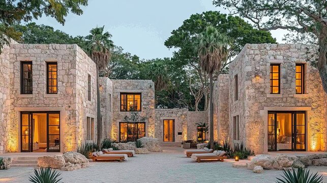 Serene Stone Courtyard with Tropical Palms and Warm Interior Glow at Dusk
