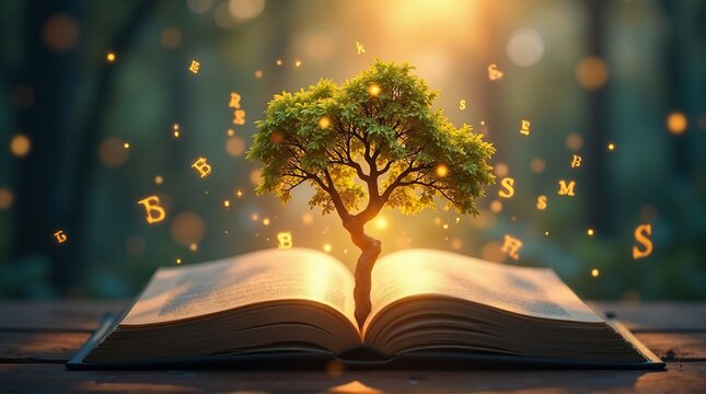 Magical Tree Growing From Open Book With Floating Golden Letters. - Powered by Adobe