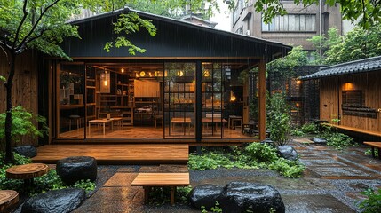 Serene Japanese Garden Cafe with Warm Interior Glow on a Rainy Day