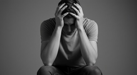 A man sits with his head in his hands, looking down, expressing sadness or despair in a black and white studio shot.