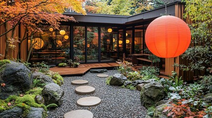 Serene Japanese Garden with Lantern, Autumn Foliage, and Modern Architecture