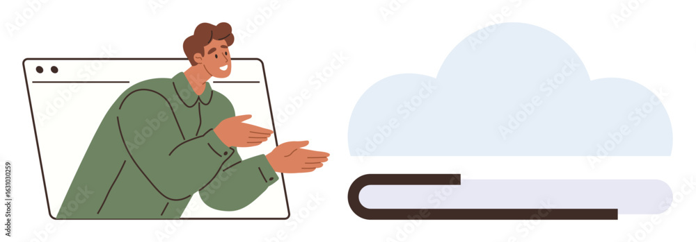 Aufkleber man in a browser window gesturing toward a cloud-shaped book, symbolizing digital learning. ideal fo