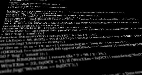 Vertically scrolling video design with fictional programming code running on a black background and camera blur - Powered by Adobe