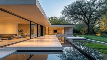 Modern Luxury Home Exterior with Reflecting Pool and Lush Landscaping