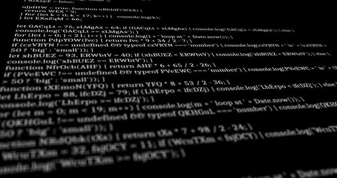 Vertically scrolling video design with fictional programming code running on a black background and camera blur
