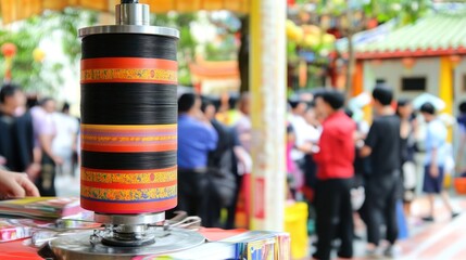 Vibrant Rotating Prayer Wheel at a Bustling Asian Temple Festival