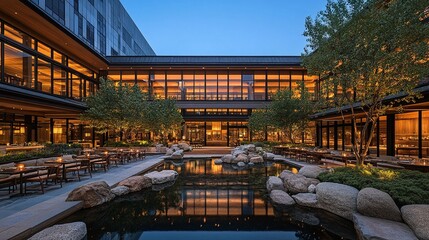 Serene Courtyard Oasis: Modern Architecture Meets Tranquil Water Garden at Dusk