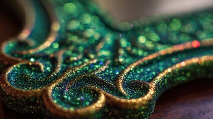 Close-up of a decorative, ornate frame corner, emerald green with gold glitter accents