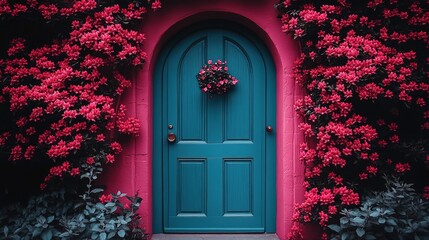 Vibrant Teal Door Framed by Lush Pink Azaleas Against a Textured Magenta Wall