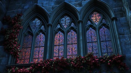 Enchanting Gothic Arched Windows with Vibrant Stained Glass and Crimson Ivy