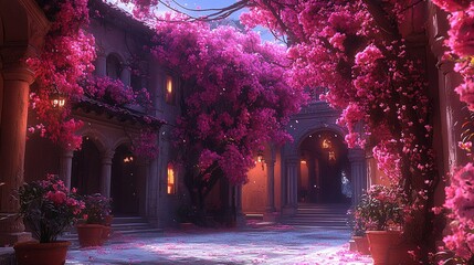 Enchanted Villa Courtyard Draped in Luminous Pink Bougainvillea at Twilight