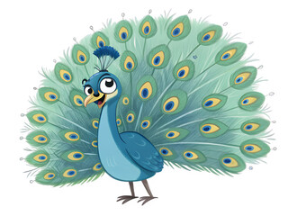 Obraz premium Cartoon peacock displaying its beautifully fanned tail feathers