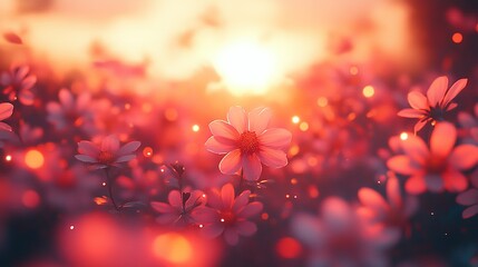 Ethereal Sunset Glow Illuminates Delicate Pink Flowers in Dreamy Bokeh Field