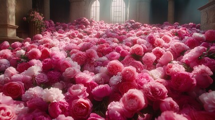 Opulent Abundance of Pink Peonies Filling an Ornate Architectural Space