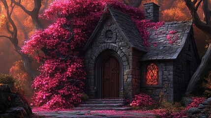 Gothic Stone Cottage Embraced by Vibrant Pink Foliage in a Mystic Forest