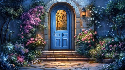 Enchanting Blue Doorway Adorned with Lush Blooming Flowers and Warm Lantern Light