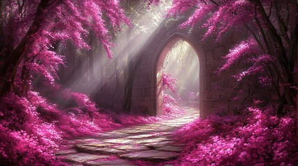 Enchanting Stone Archway in a Mystical Forest with Cascading Pink Blossoms and Sunbeams