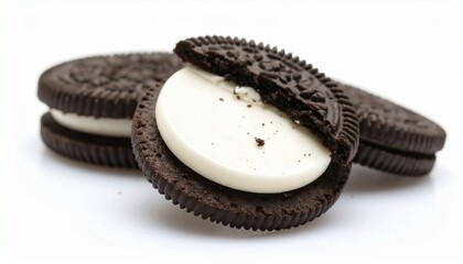 Potongan biskuit cokelat Oreo dengan latar belakang putih.